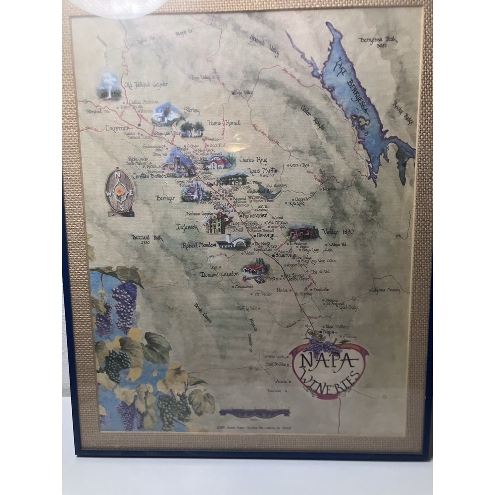 VTG 1983 Map NAPA Valley Wineries Oceana Maps Northern California 20"x16" FRAMED